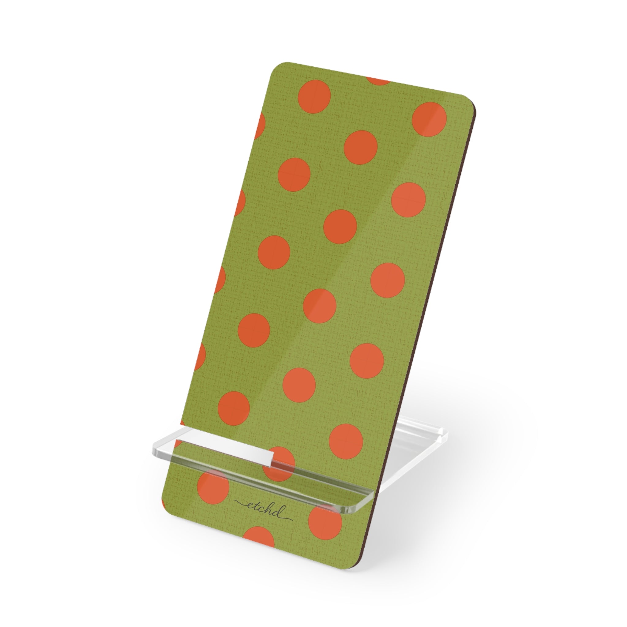 Persimmon And Wasabi Polka Dot Phone Stand by etchd