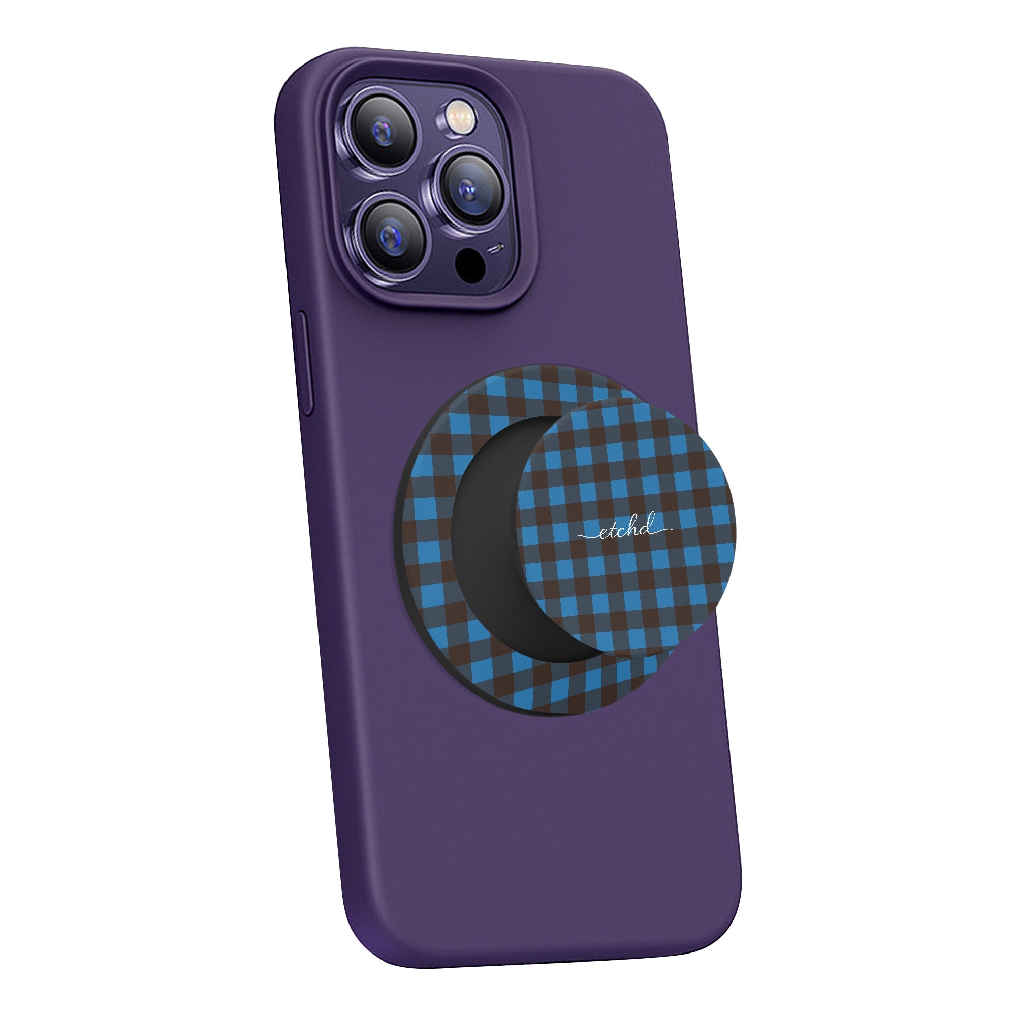Cerulean & Espresso Gingham Phone Grip And Stand by etchd, view 4