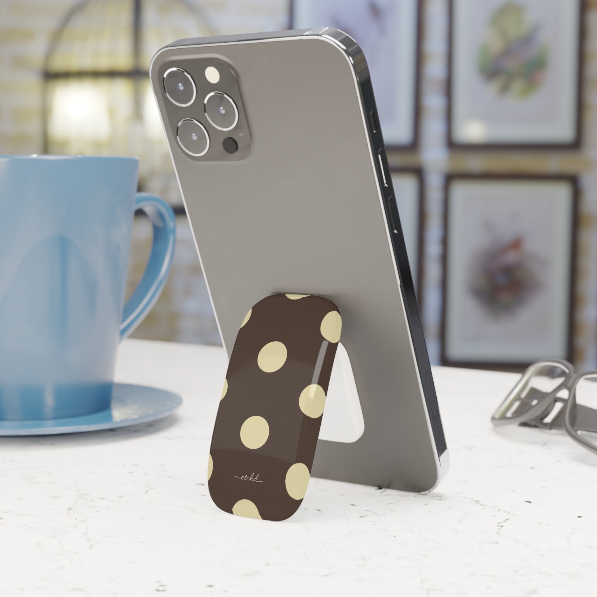 Brown And Butter Yellow Polka Dot Click-On Phone Grip by etchd, view 3