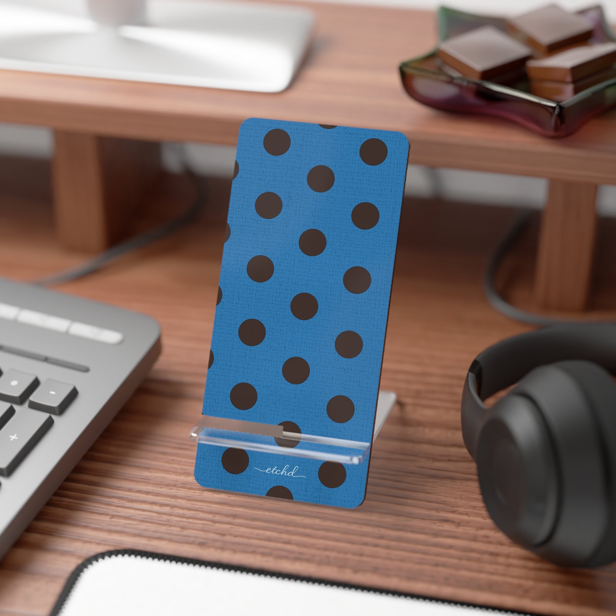 Espresso And Cerulean Polka Dot Phone Stand by etchd, view 3
