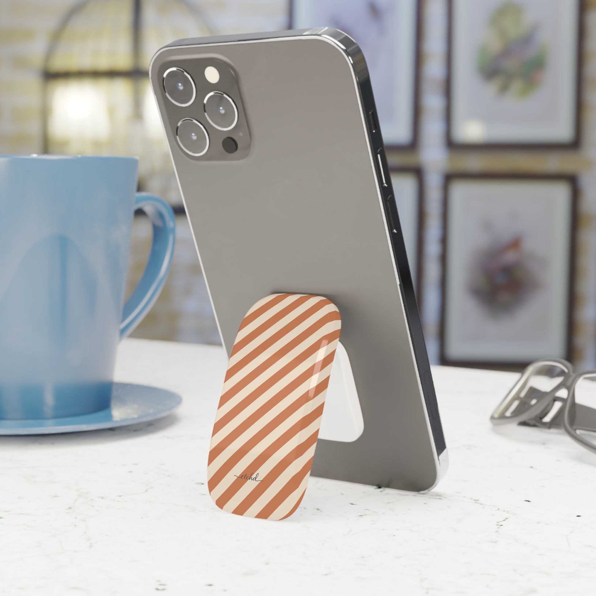 Terracotta & Cream Striped Diagonal Click-On Phone Grip by etchd, view 3