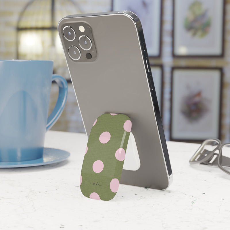 Pink And Green Polka Dot Click-On Phone Grip by etchd, view 3