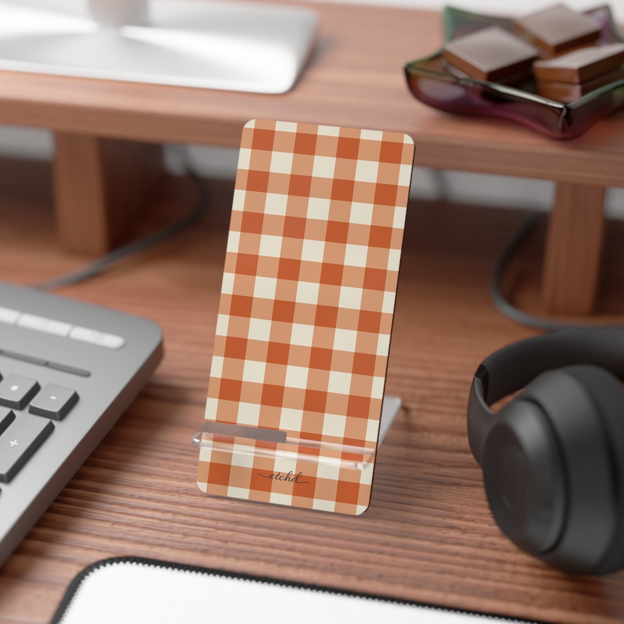Terracotta Gingham Phone Stand by etchd, view 3