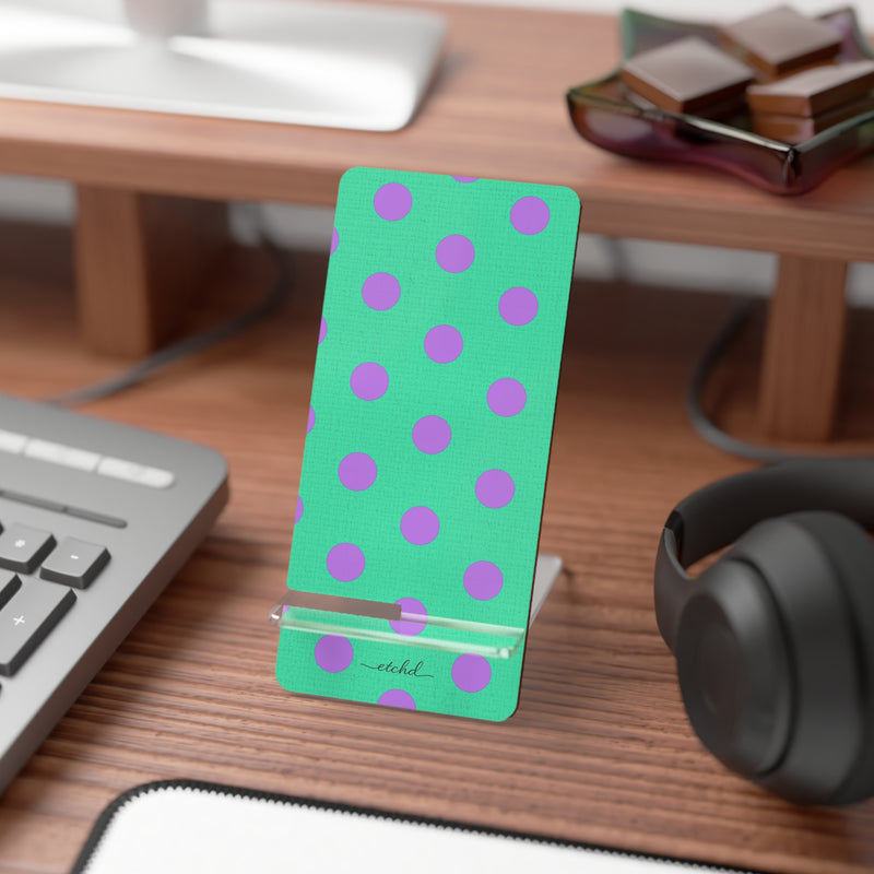 Lilac And Hypermint Polka Dot Phone Stand by etchd, view 3