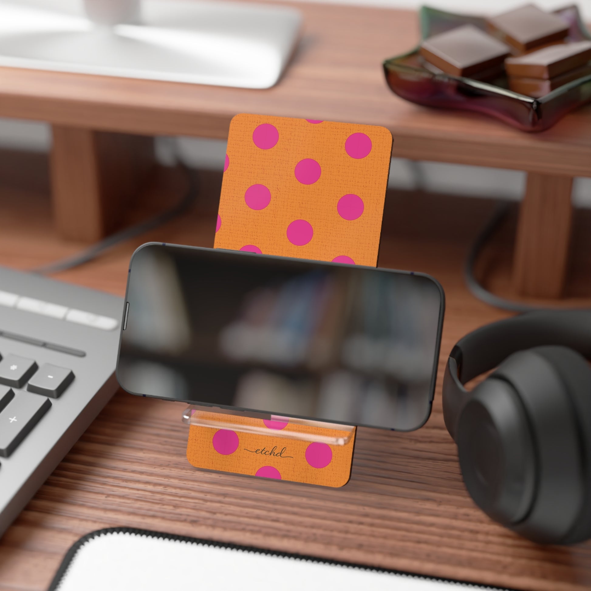 Pink And Orange Polka Dot Phone Stand by etchd, view 4