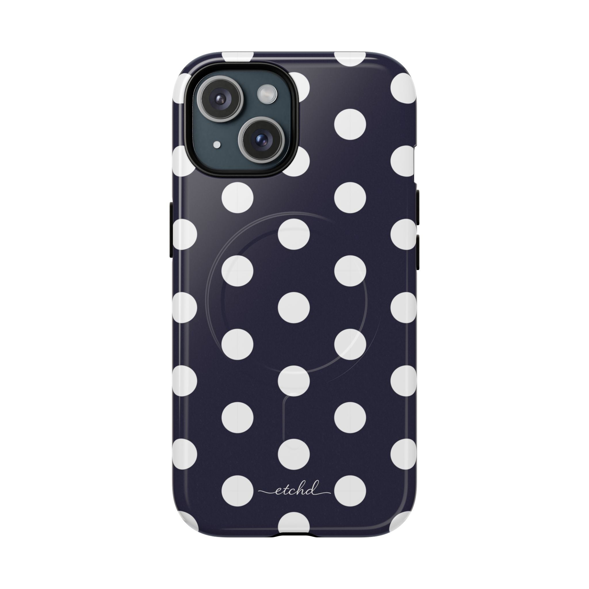 White & Navy Polka Dot Funda magnética para móvil de etchd, vista 2