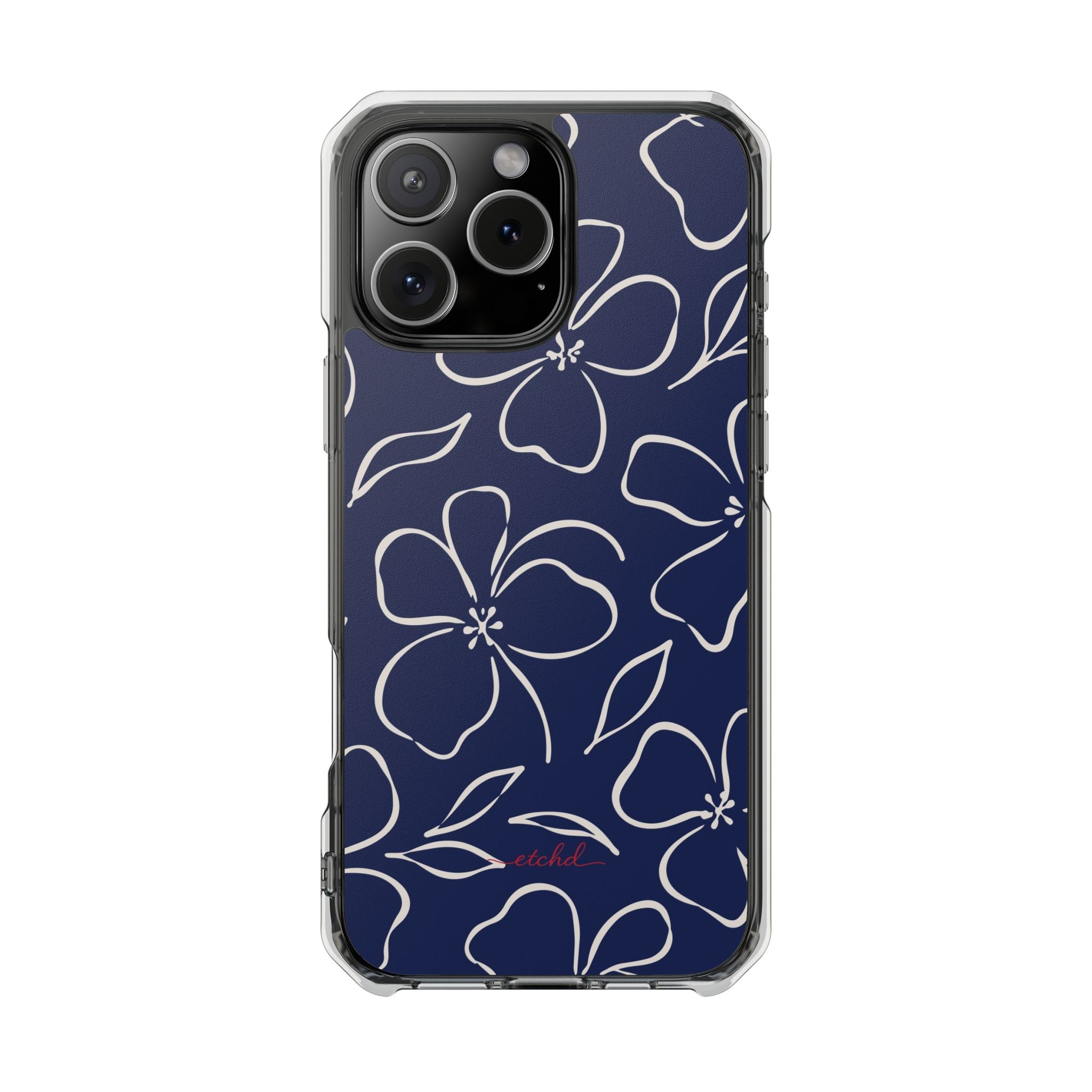 Navy & Cream Floral Funda transparente magnética para móvil de etchd
