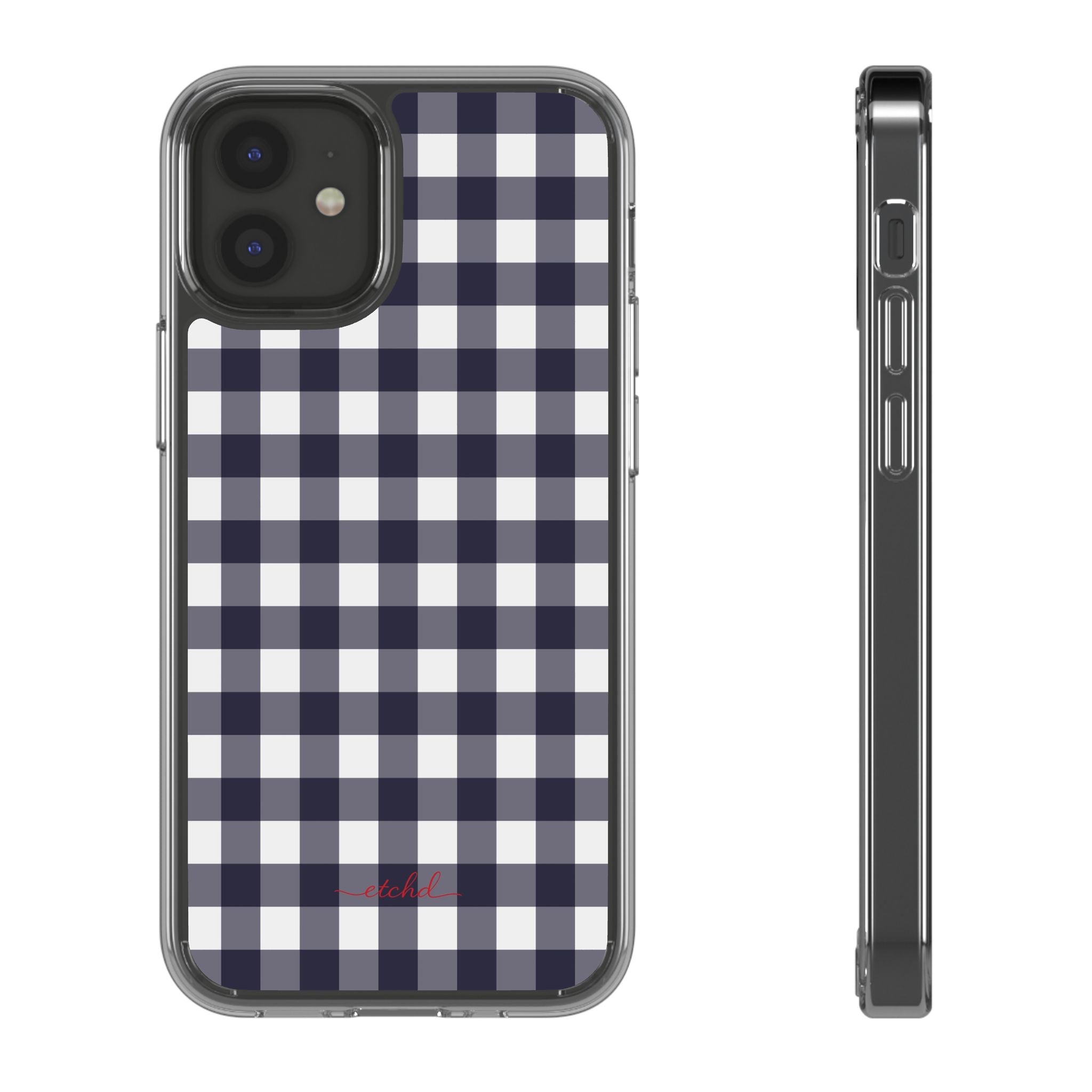 White & Navy Gingham Clear Phone Case by etchd, view 2