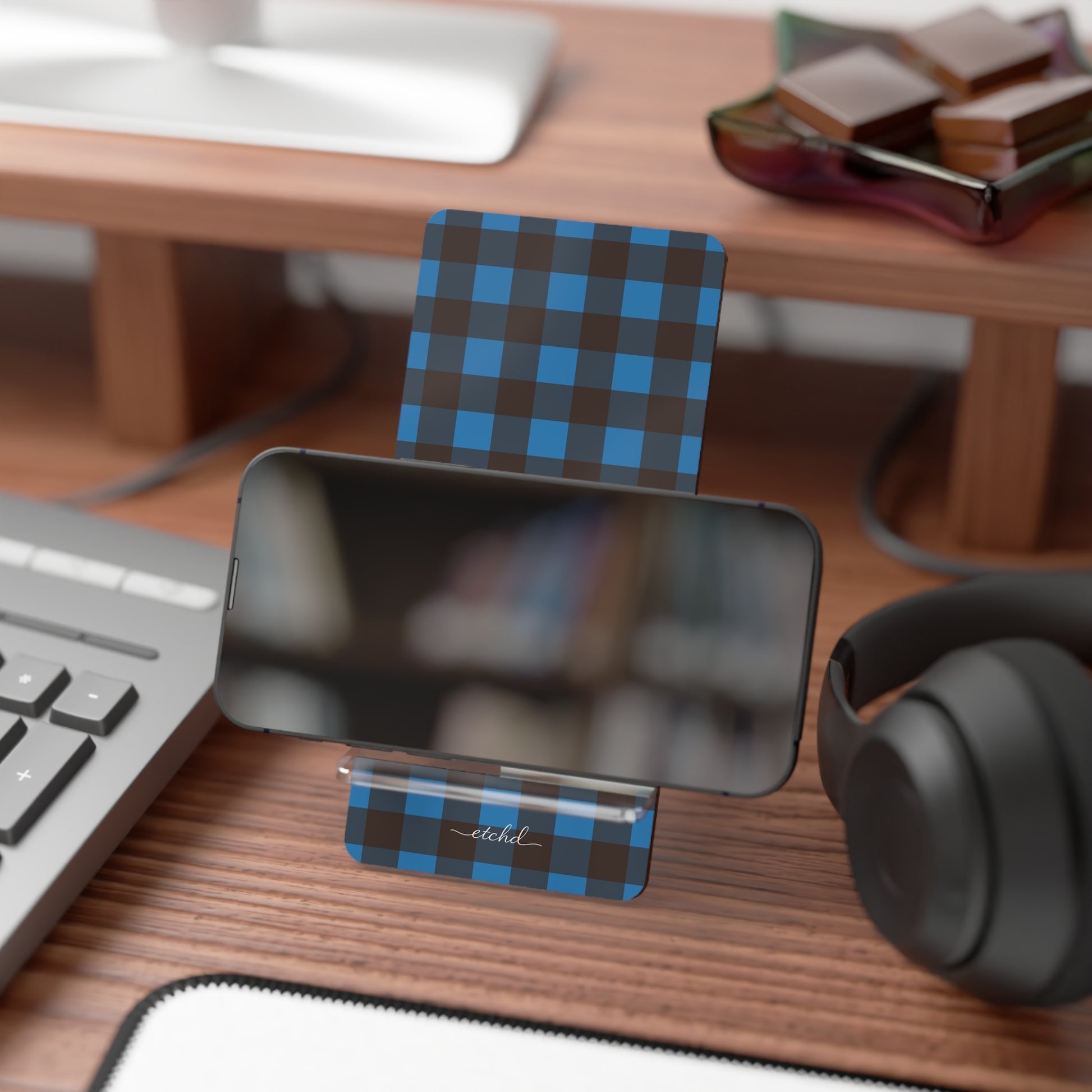 Cerulean & Espresso Gingham Phone Stand by etchd, view 4