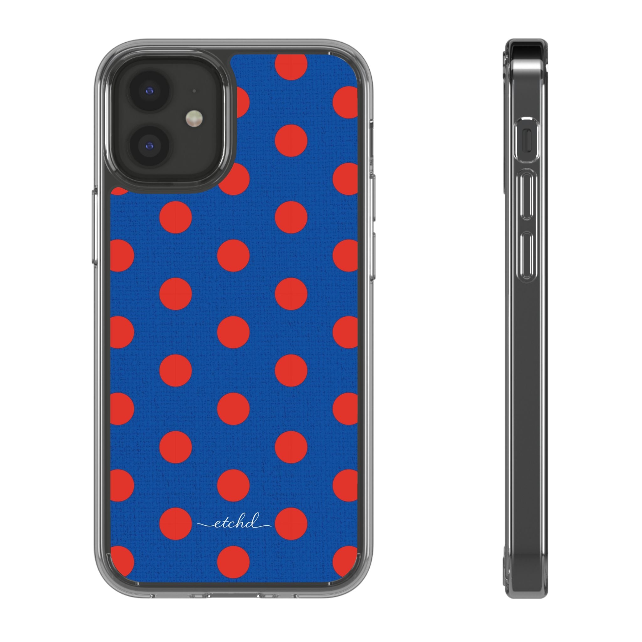 Poppy & Cobalt Polka Dot Funda transparente para móvil de etchd, vista 2