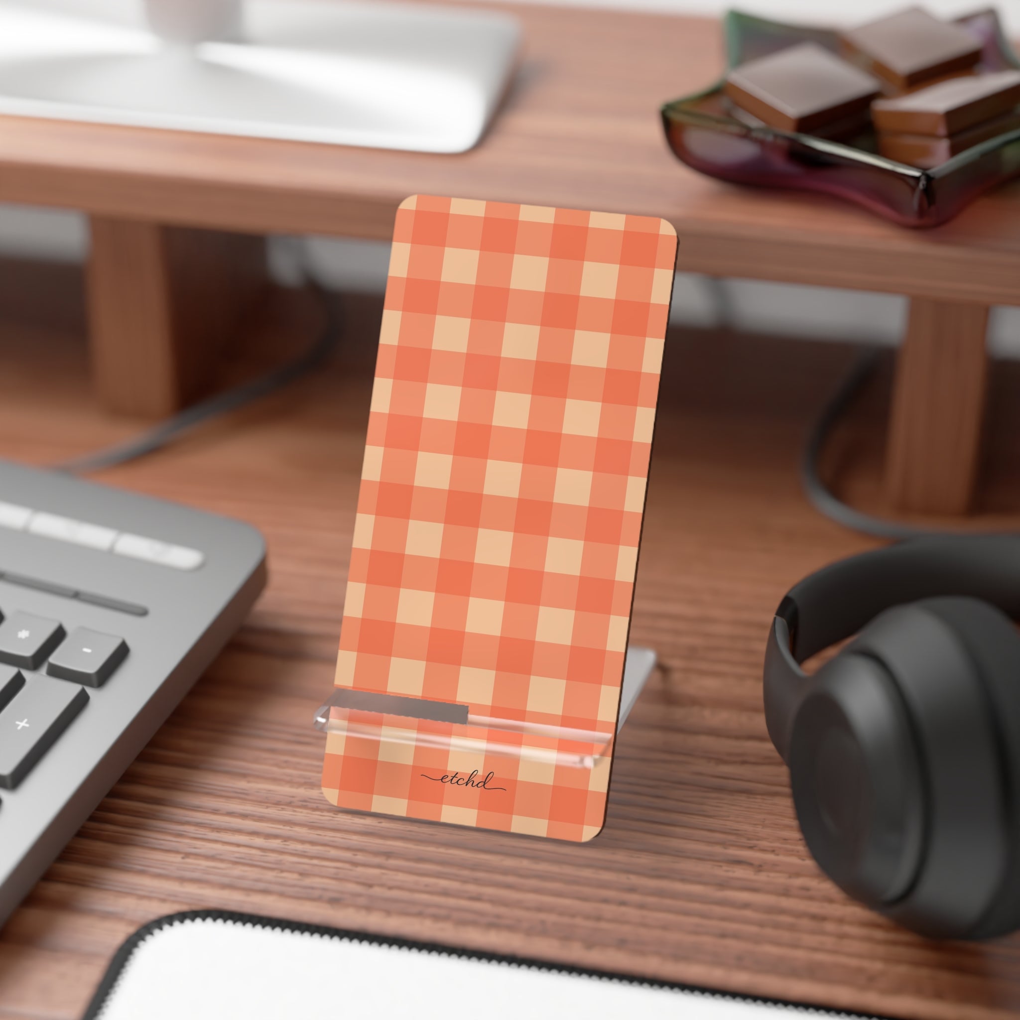 Coral & Peach Gingham Phone Stand by etchd, view 3