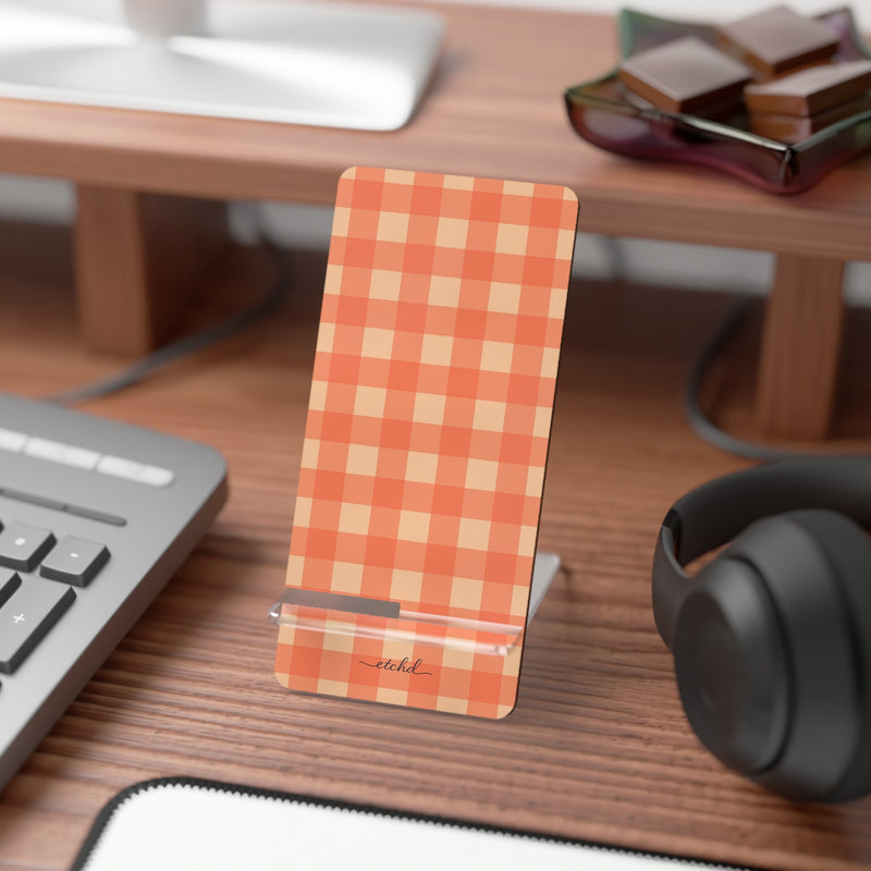 Coral & Peach Gingham Phone Stand by etchd, view 3