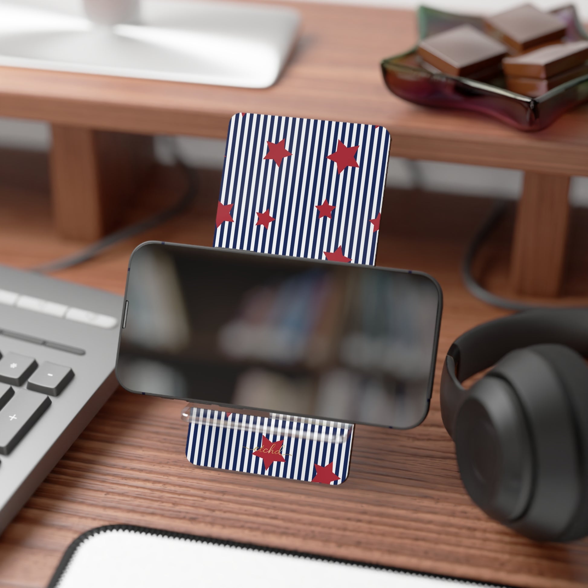 Blue Stripes & Red Stars Phone Stand by etchd, view 4