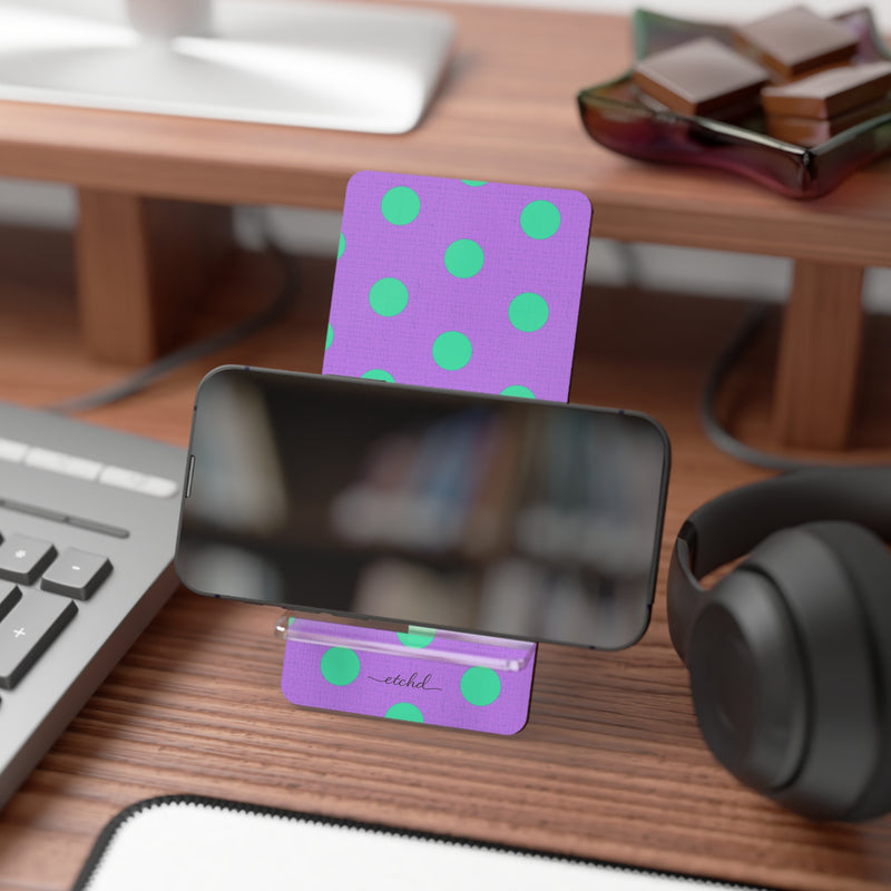 Hypermint And Lilac Polka Dot Phone Stand by etchd, view 4