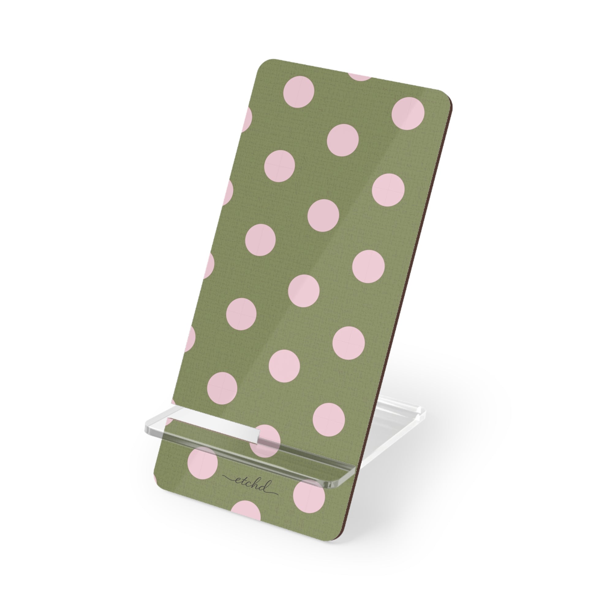 Pink And Green Polka Dot Phone Stand by etchd