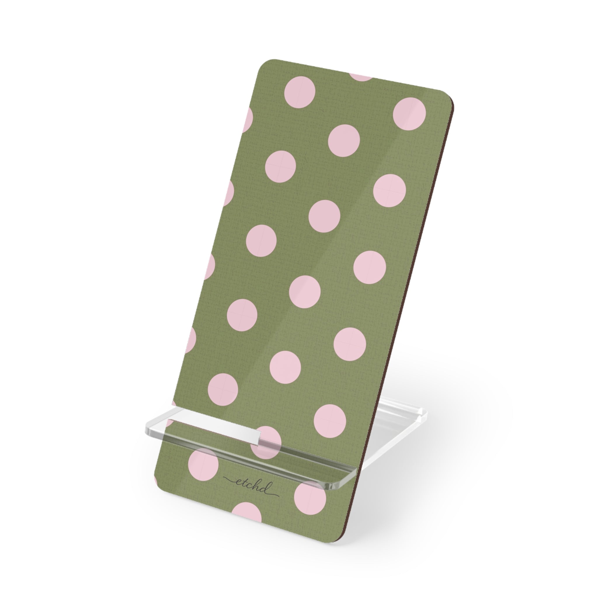 Pink And Green Polka Dot Phone Stand by etchd