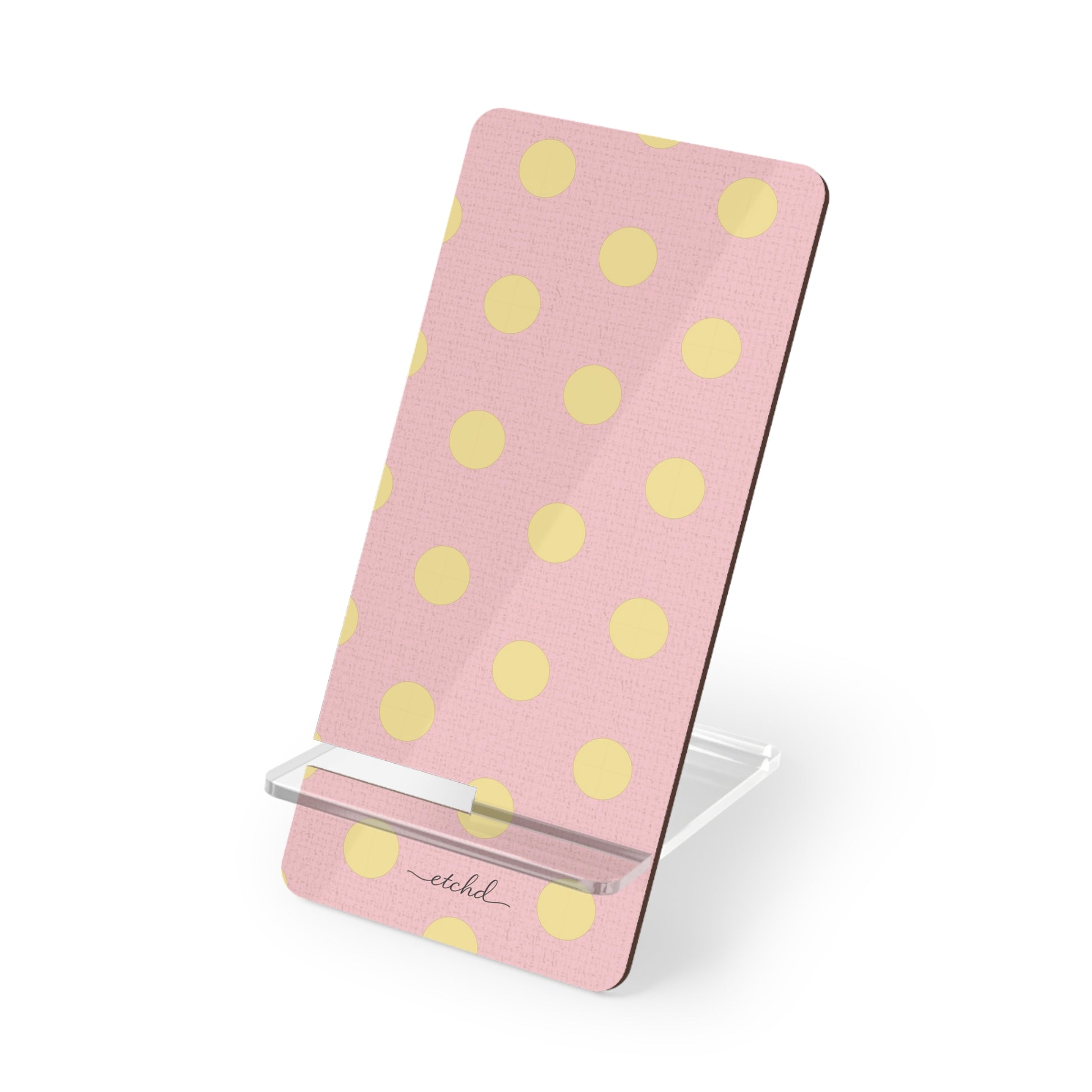 Butter And Pink Polka Dot Phone Stand by etchd