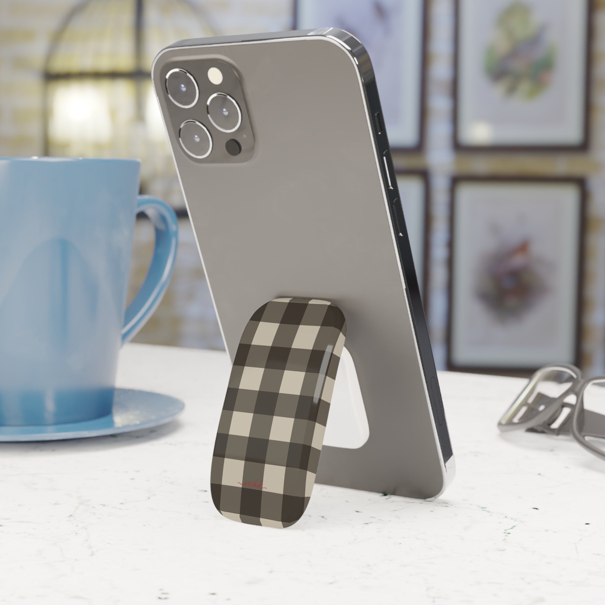 Cream & Brown Gingham Click-On Phone Grip by etchd, view 3