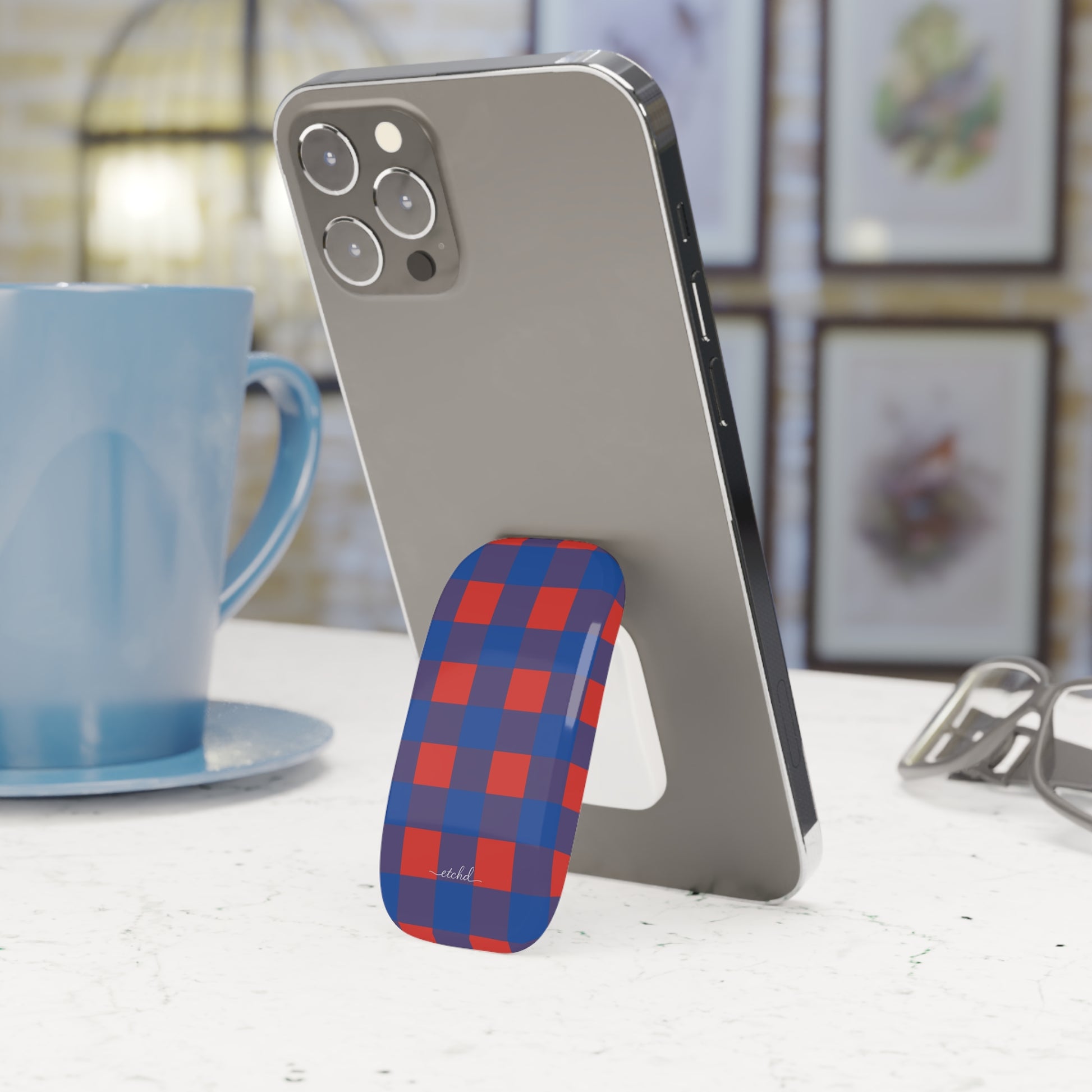 Cobalt & Poppy Gingham Click-On Phone Grip by etchd, view 3