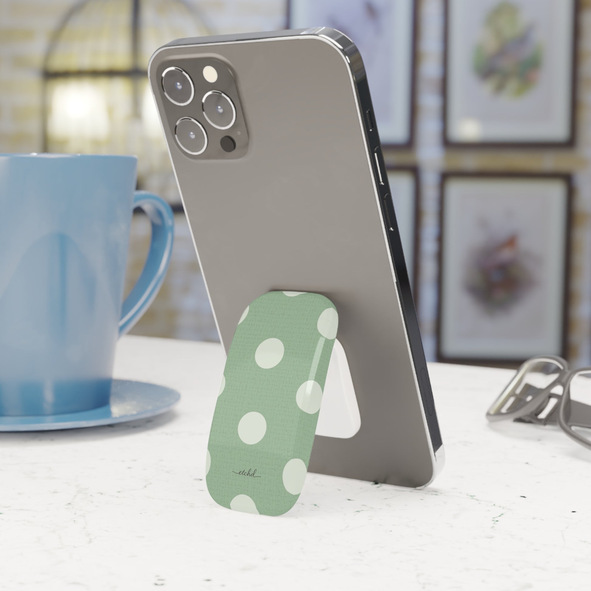 Cream & Sage Polka Dot Click-On Phone Grip by etchd, view 3