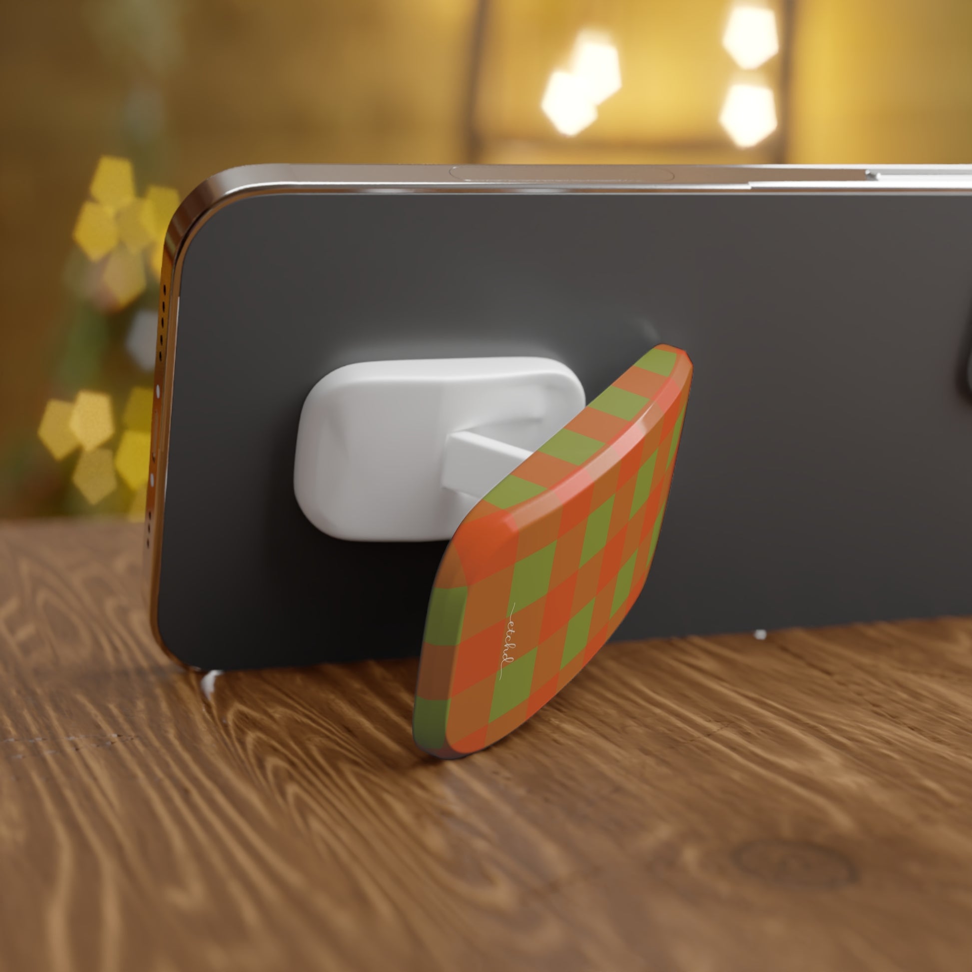 Persimmon & Wasabi Gingham Click-On Phone Grip by etchd, view 4