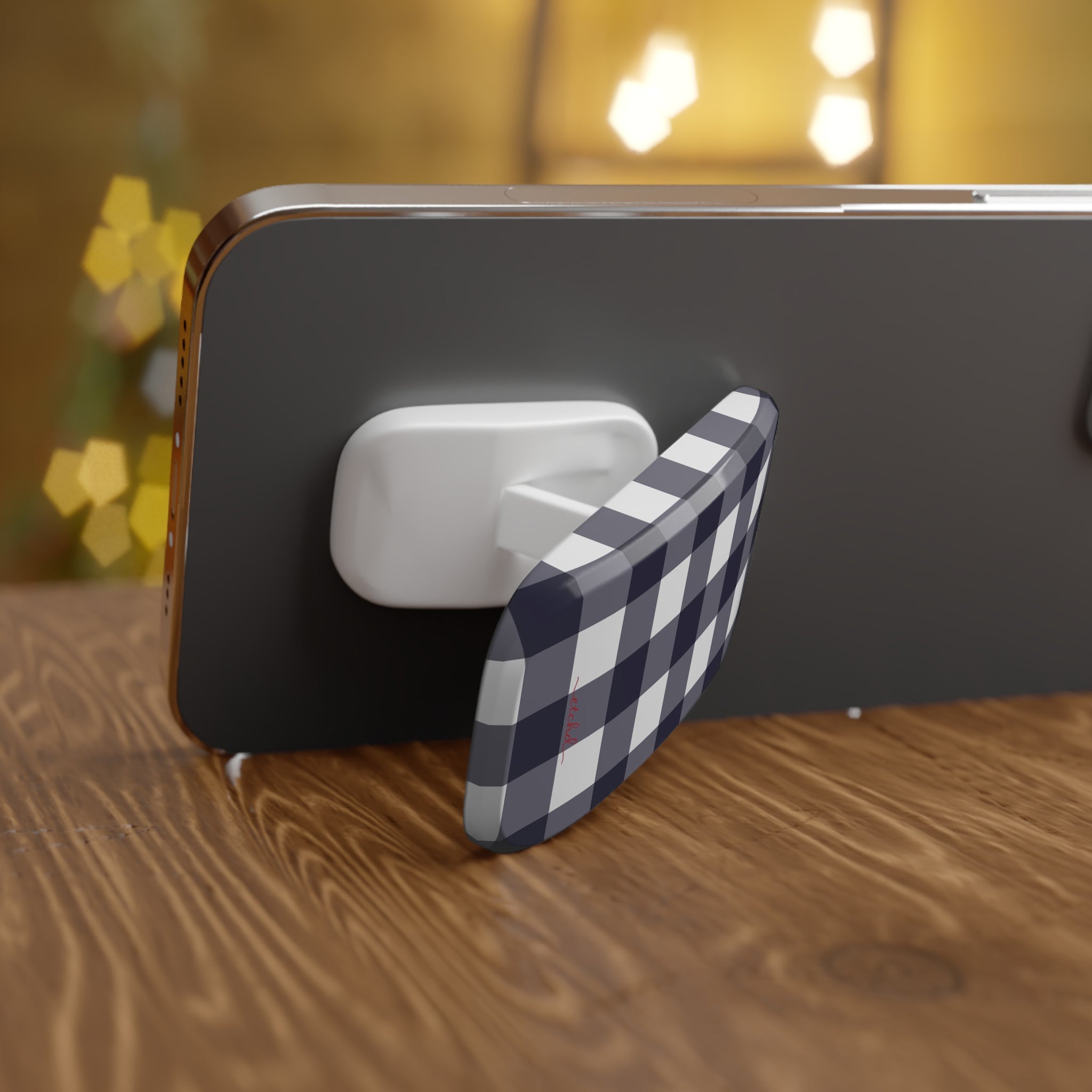 White & Navy Gingham Click-On Phone Grip by etchd, view 4