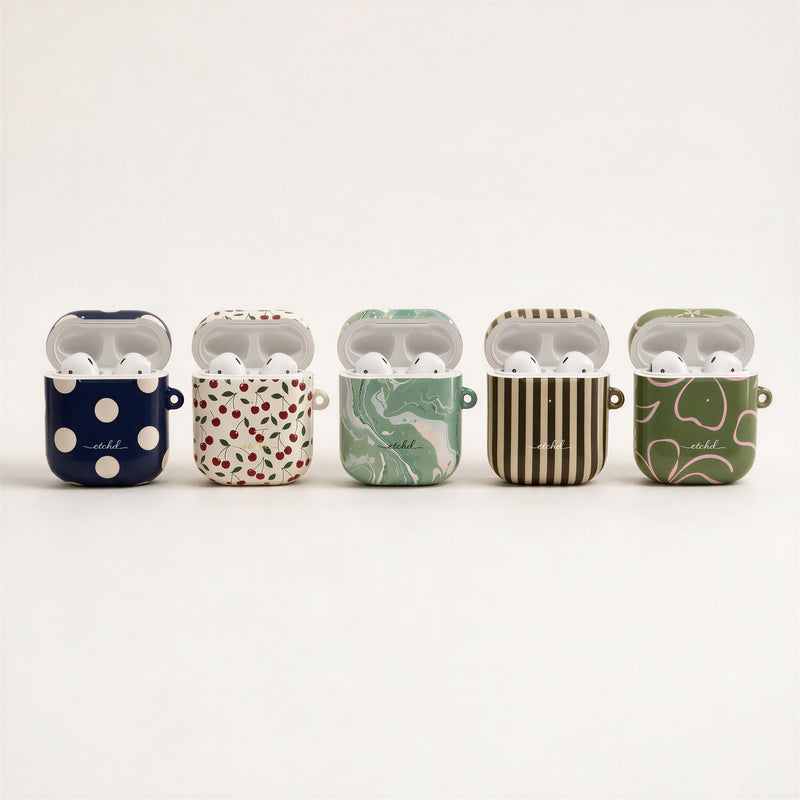 AirPod cases by etchd, five designs shown side by side