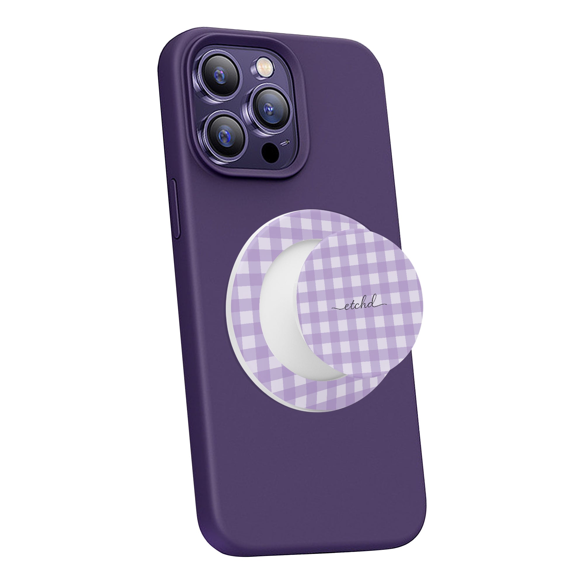 Lilac & Cream Gingham Phone Grip And Stand by etchd, view 3