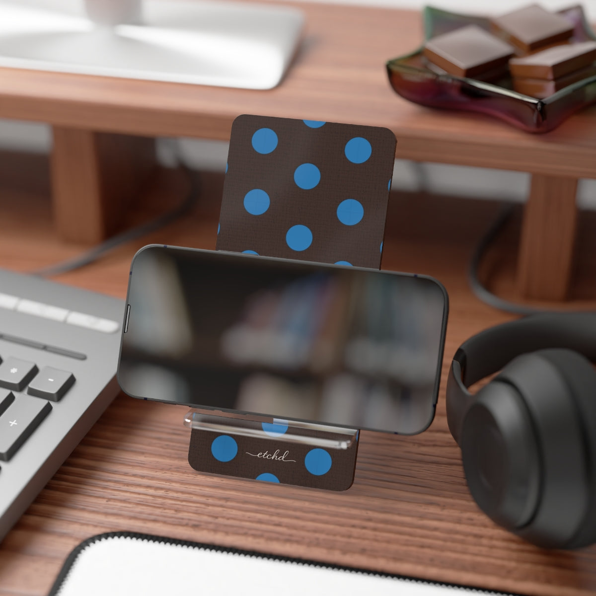 Cerulean & Espresso Polka Dot Phone Stand by etchd, view 4