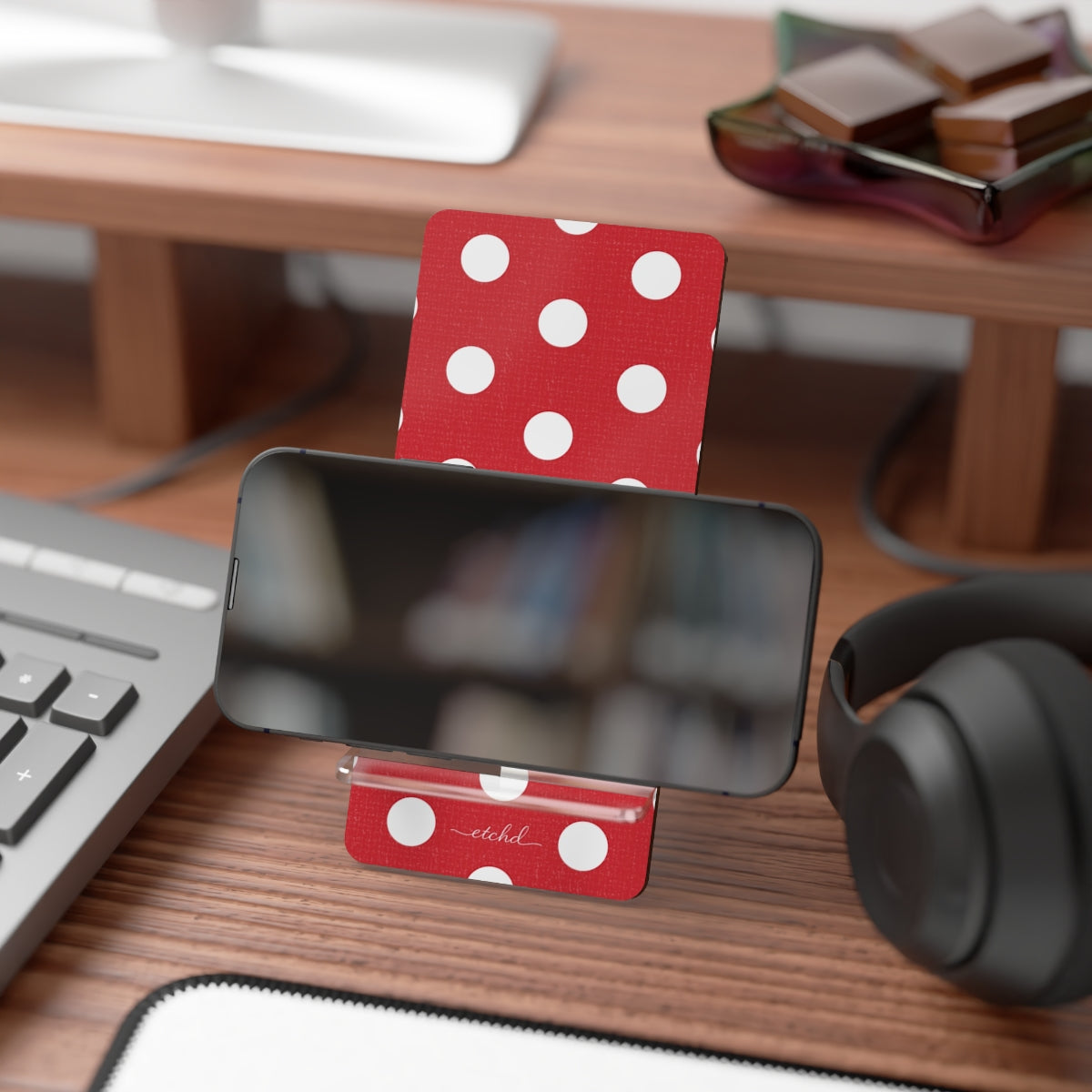 Classic Red & White Polka Dot Phone Stand by etchd, view 4