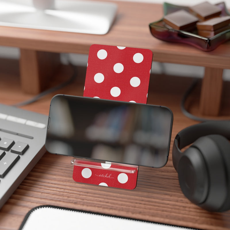 Classic Red & White Polka Dot Phone Stand by etchd, view 4