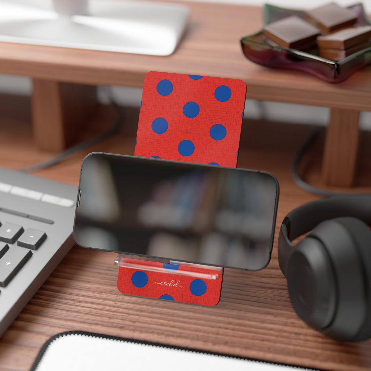 Cobalt & Poppy Polka Dot Phone Stand by etchd, view 4