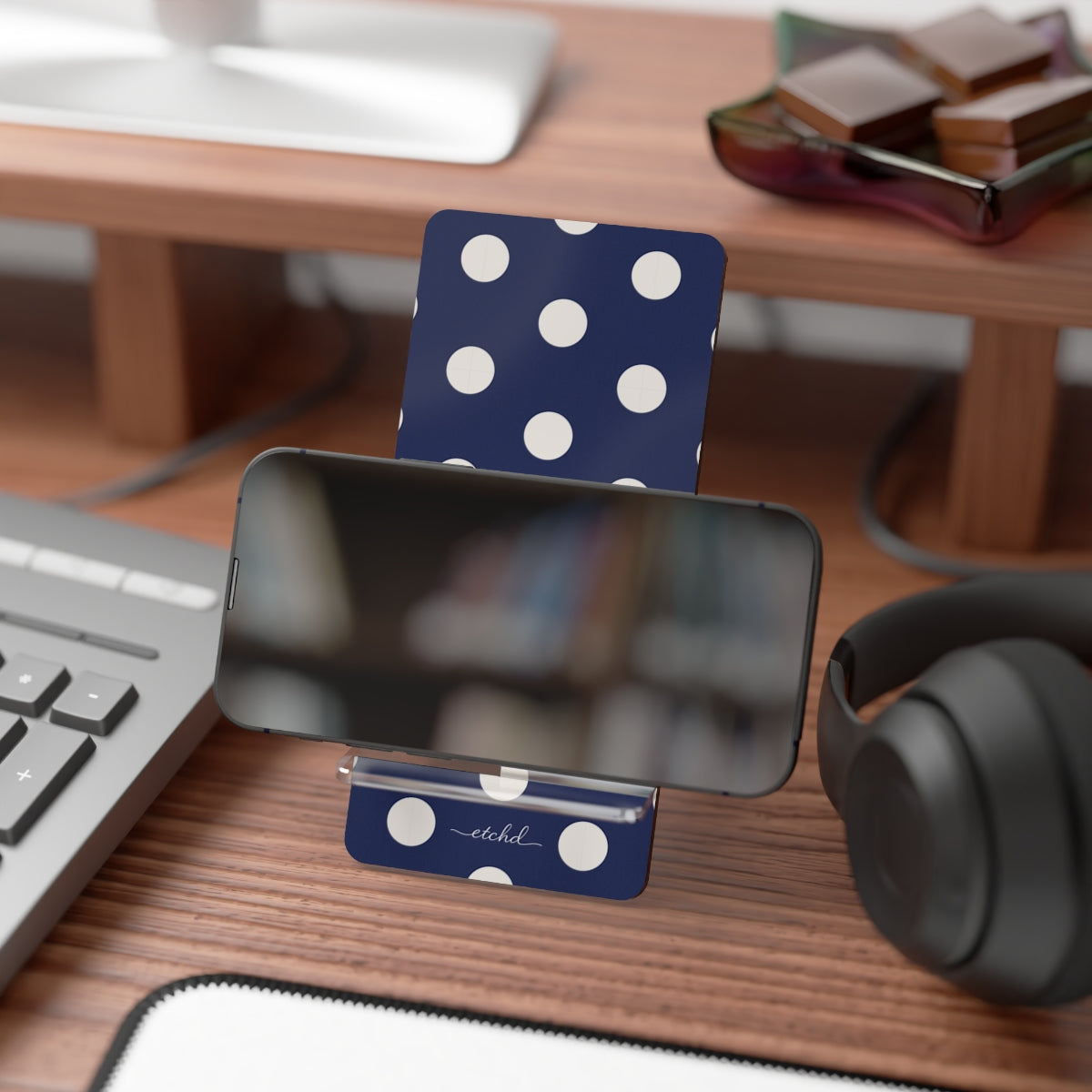 Cream & Navy Polka Dot Phone Stand by etchd, view 4