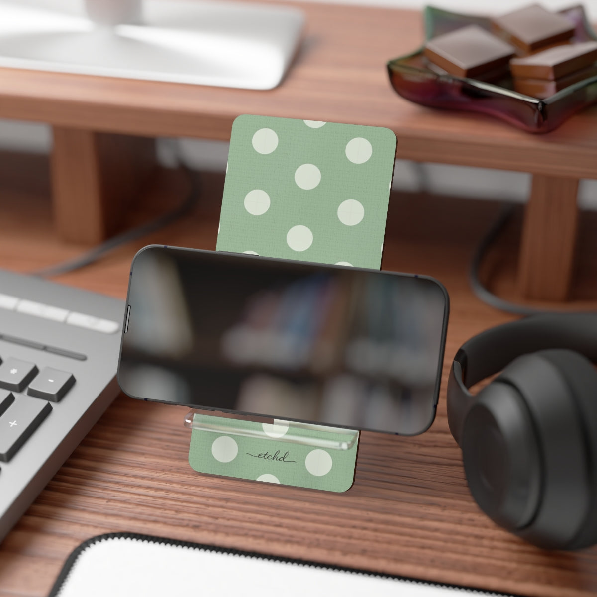 Cream & Sage Polka Dot Phone Stand by etchd, view 4