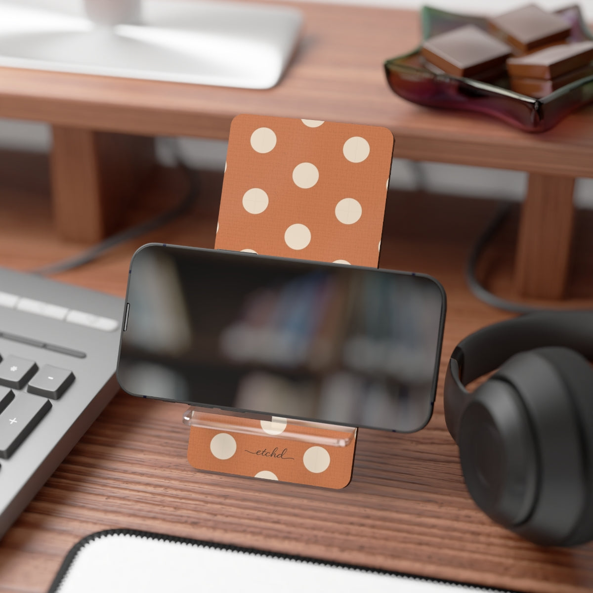 Cream & Terracotta Polka Dot Phone Stand by etchd, view 4