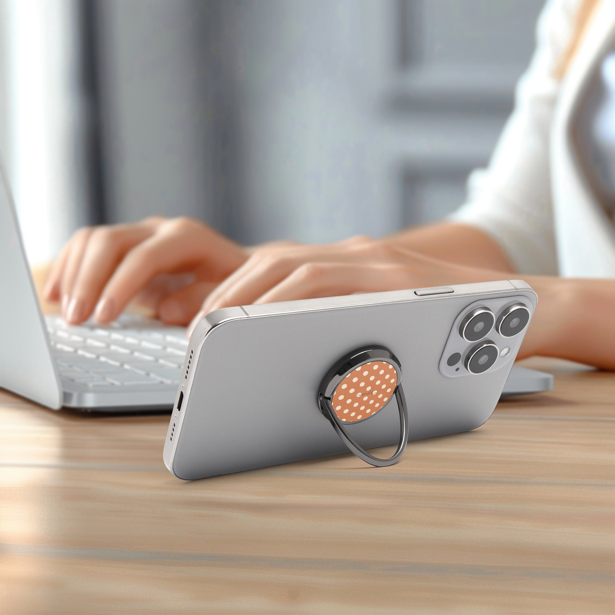 Cream & Terracotta Polka Dot Phone Ring Holder by etchd, view 7