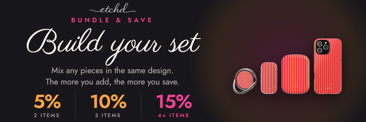 Build your set at etchd. Mix any pieces in the same design and save 5% on 2 items, 10% on 3 items, 15% on 4 or more.
