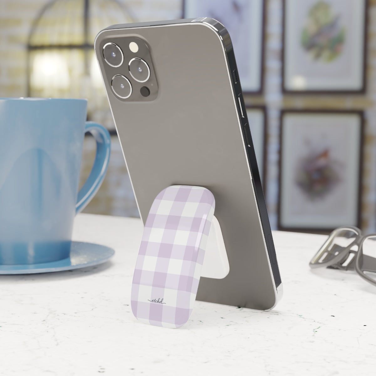 Lilac Gingham Click-On Phone Grip by etchd, view 6