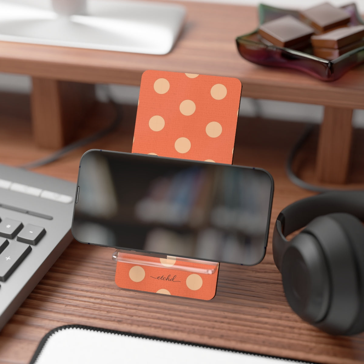 Peach & Coral Polka Dot Phone Stand by etchd, view 4