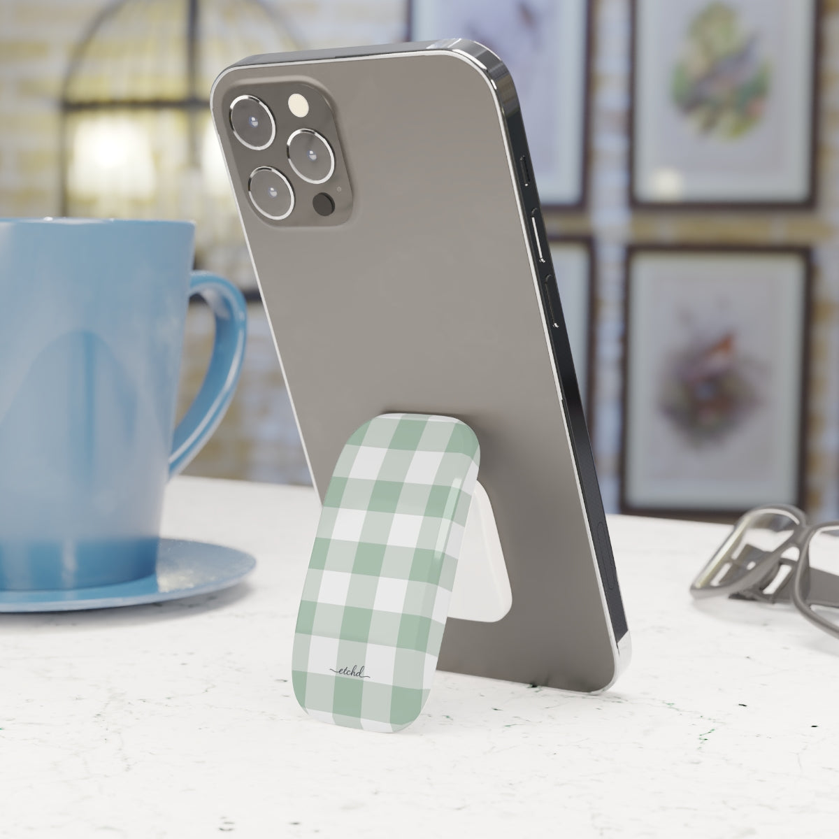 Sage Gingham Click-On Phone Grip by etchd, view 6