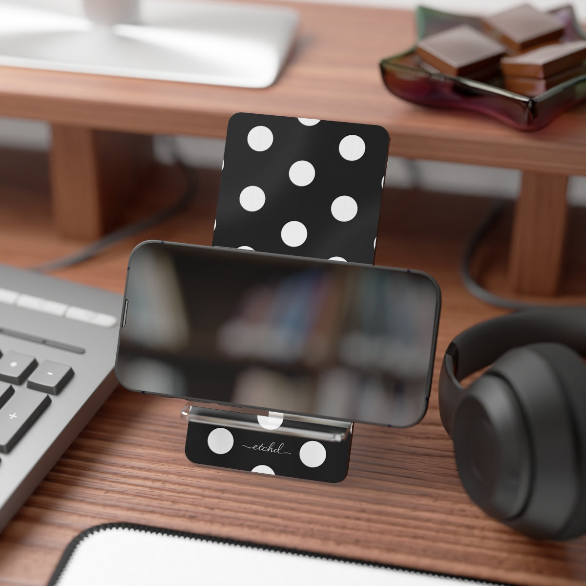 White & Black Polka Dot Phone Stand by etchd, view 4